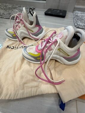 Louis Vuitton White, Pink & Yellow Archlight-Style Sneakers